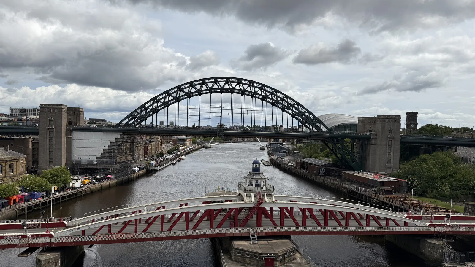 Newcastle skyline with Tyne Bridge and River Tyne